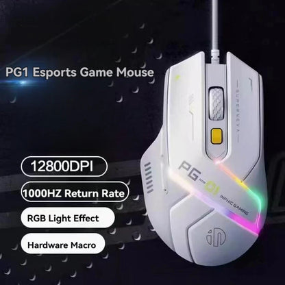 Inphic Pg1 Wired Gaming Mouse, RGB Light Emitting, Macro Programming, 12800 DPI, 6 Keys, Computer Mouse, 1000Hz Polling Rate
