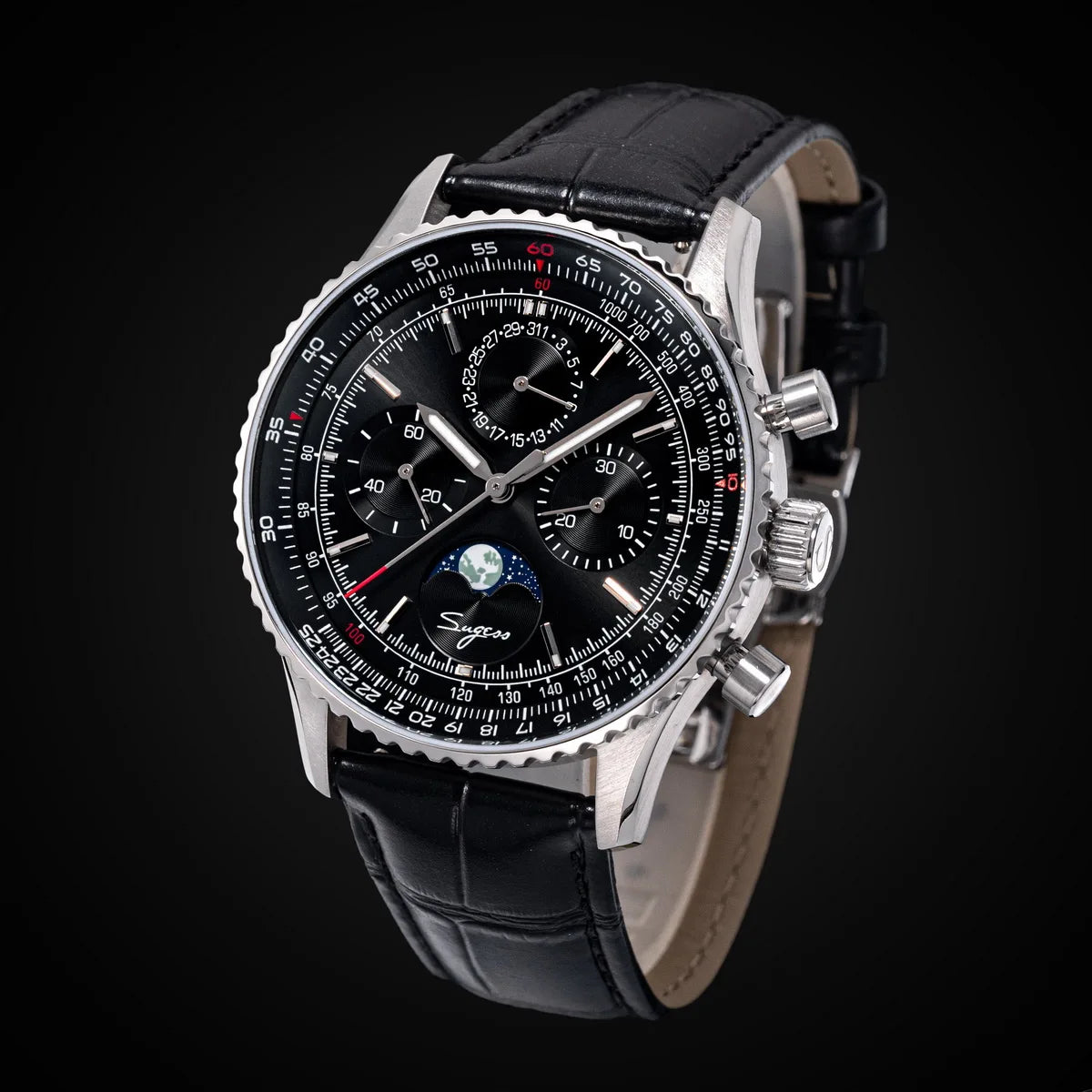 Sugess Chronograph Watch of Man ST1908 Swanneck Movement Mechanical Moonphase Wristwatches Waterproof Calendar Vintage New S468