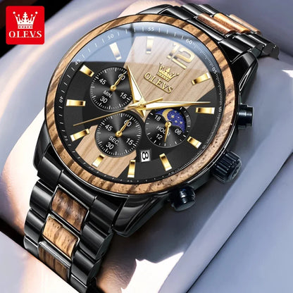 Pánské dřevěné hodinky OLEVS 3645, luxusní, s nočním osvětlením, multifunkčním chronografem, quartzové, v retro stylu, módní sportovní hodinky.