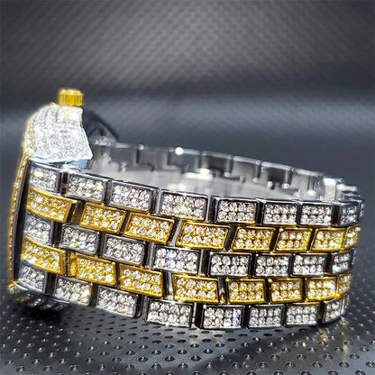 Stainless Steel Men's Watches Luxury Diamond Silver Iced Out Quartz Watch Top Brand 30M Waterproof Big Dial Tonneau Reloj Hombre