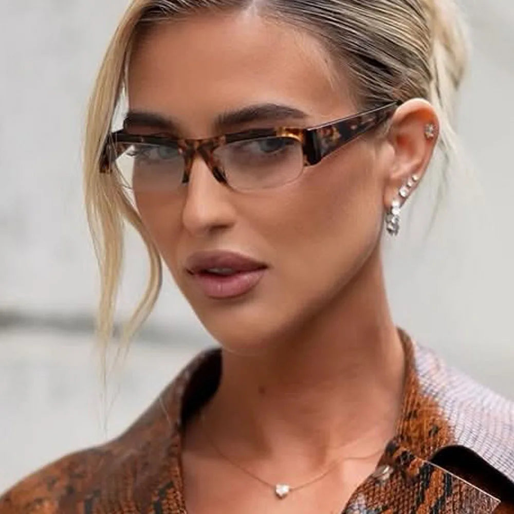 ochelari de soare vintage, mici, dreptunghiulari, cu jumătate de ramă, negri, cu lentile în degrade leopard, pentru femei, ochelari de soare la modă pentru condus