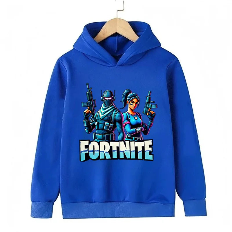 Sweats com capuz para criança com estampado do jogo Fortnite, conjunto cartoon confortável, tops largos de manga comprida, roupa de outono e inverno