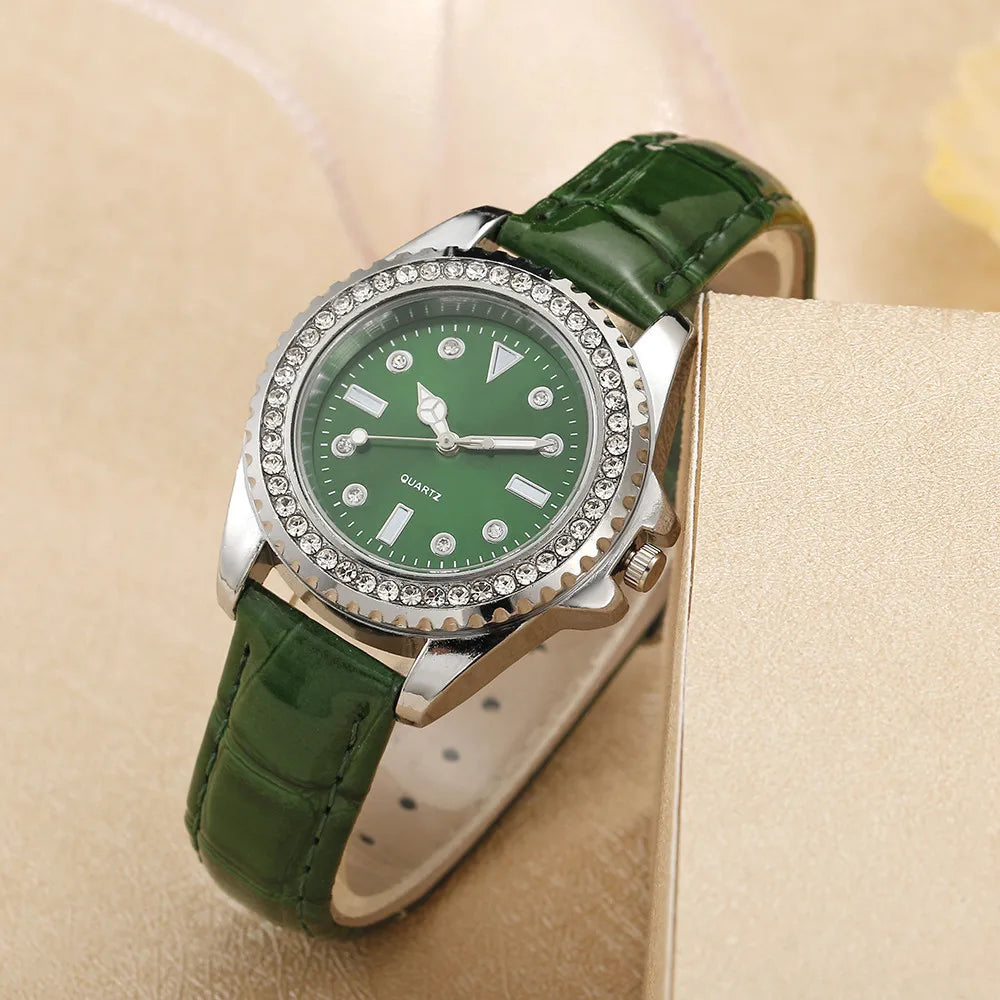 Ladies Luxury Diamond Branded Quartz Watch Fashion 2025 New Simple Green Leather Women's Dress Clock Watch DDP