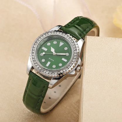 Ladies Luxury Diamond Branded Quartz Watch Fashion 2025 New Simple Green Leather Women's Dress Clock Watch DDP