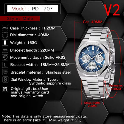 Pagani Design 2026 New VK63 Men's Business Quartz Watch Sapphire Stainless Steel 20Bar Waterproof Sports Chronometer Code Watch