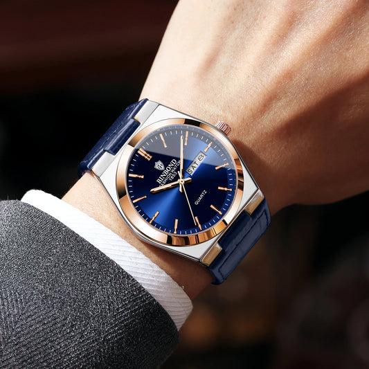 Relógio de pulso de luxo BINBOND com movimento de quartzo e bracelete em pele, preciso, luminoso, à prova de água, com indicação automática da data e do dia da semana, resistente, para homem.