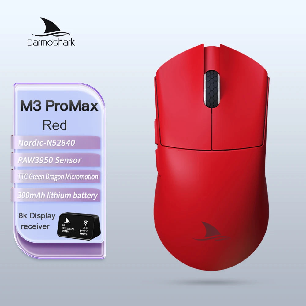 Herná myš Darmoshark M3Pro 2.4G BT bezdrôtová s trojitým režimom, snímačom PAW3395, N52840, 26000DPI, pre veľkú ruku, makro ovládač, myš na hranie