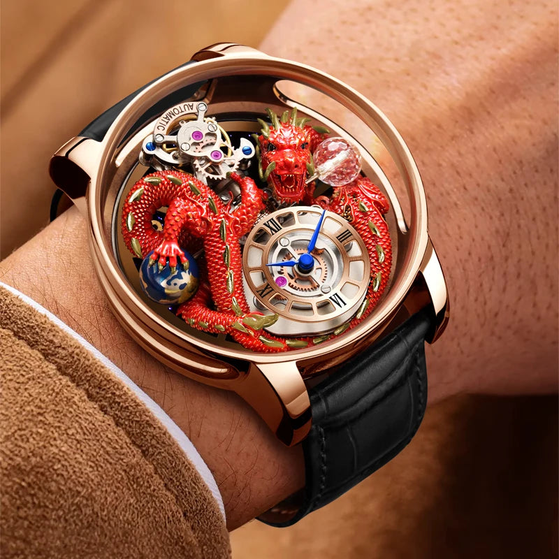 PINDU Fashion Roman Numeral Display Mineral Tempered Glass Material Quartz Movement 3ATM Waterproof Celestial Dragon Men's Watch