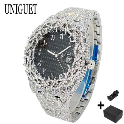 UNIGUET Luxury Full Diamond Watch For Men Fashion Hip Hop Ice Qut Bling Jewelry Quartz Wristwatch For Man Dropshipping