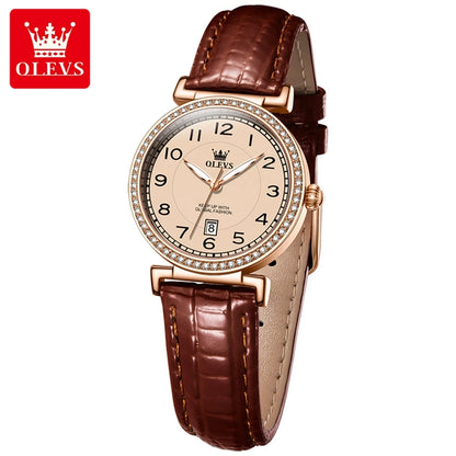 OLEVS 2025 New Fashion Womens Watches Top Brand Luxury Leather Strap Waterproof Calendar Diamond  Quartz Watch Relogio Feminino