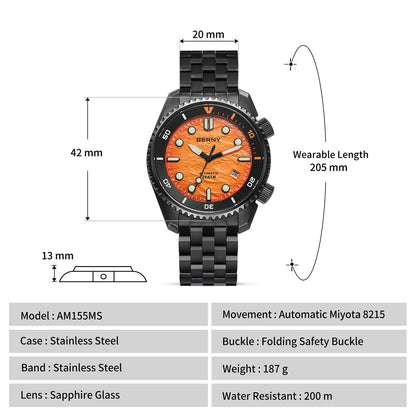 BERNY 20ATM Automatic Men's Watch Diver Sports Diving Watches Luxury Sapphire 316L Stainless Steel Mechanical Waterproof Watches