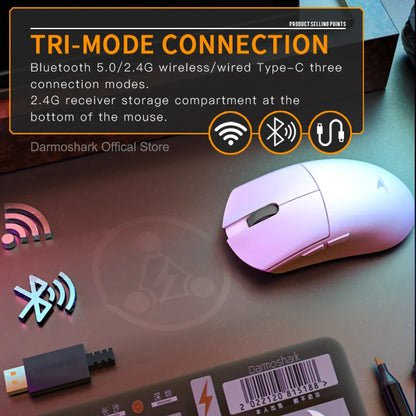 Herná myš Darmoshark M3Pro 2.4G BT bezdrôtová s trojitým režimom, snímačom PAW3395, N52840, 26000DPI, pre veľkú ruku, makro ovládač, myš na hranie