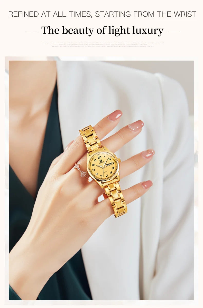 OLEVS Quartz Watch Women Fashion Ladies Watches Wrist Waterproof Luminous Stainless Steel Gold Women Watches Luxury Elegant