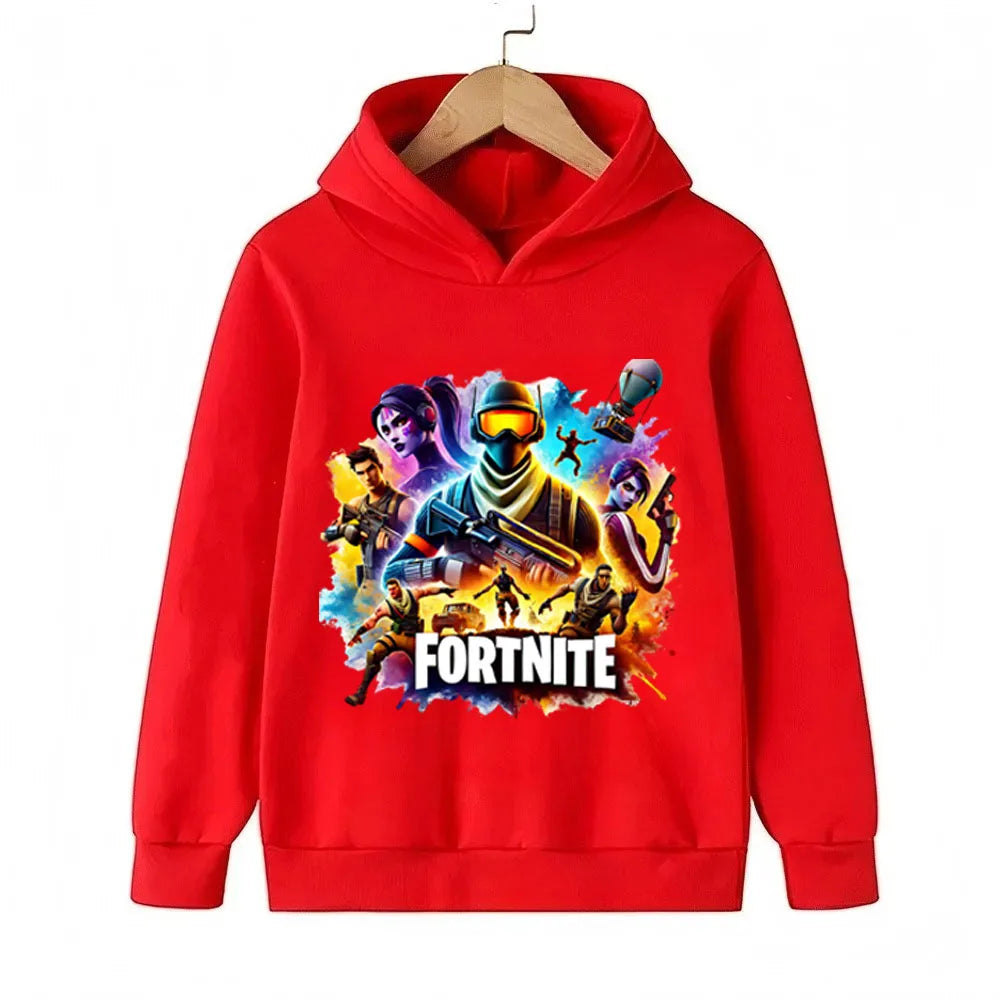 Sweats com capuz para criança com estampado do jogo Fortnite, conjunto cartoon confortável, tops largos de manga comprida, roupa de outono e inverno
