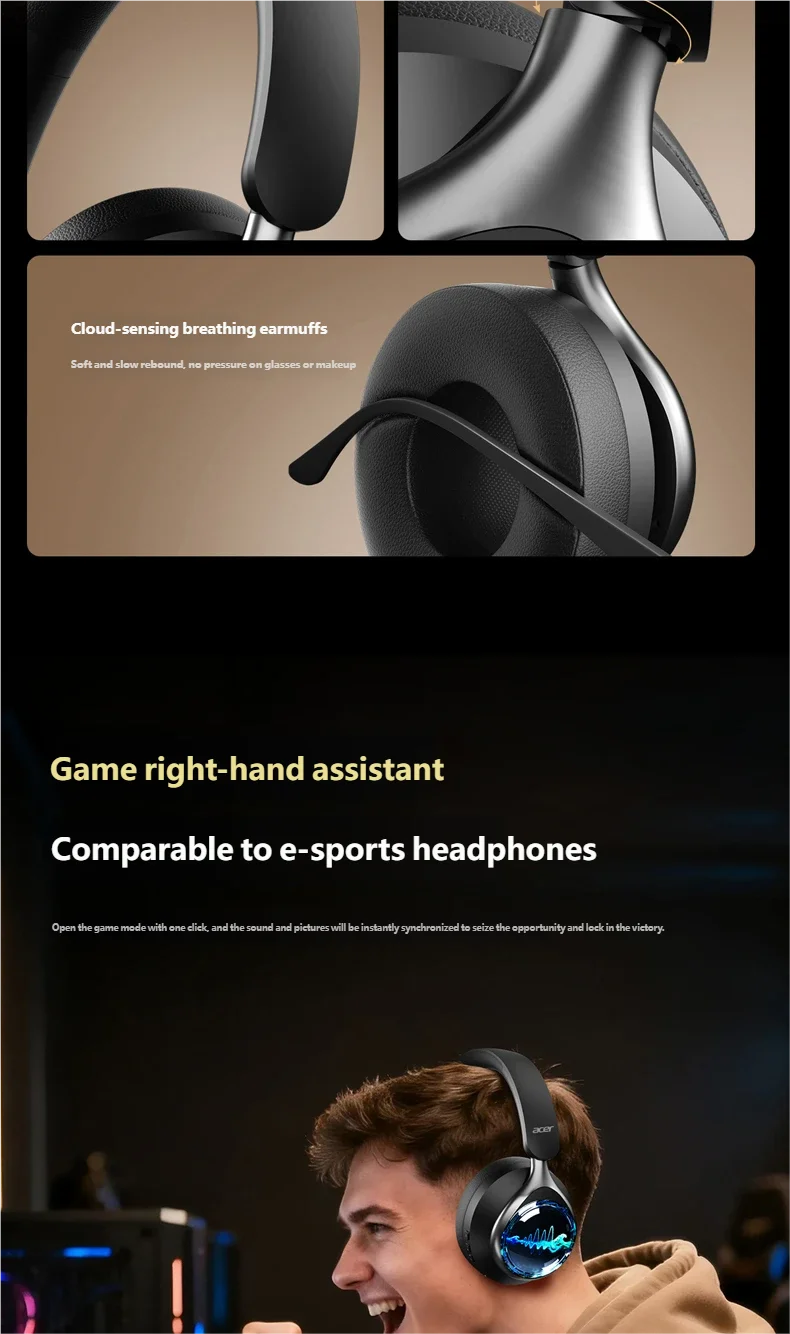 Acer OHR712 Wireless Bluetooth 6.0 Headphones Foldable Over-Ear Headsets with 360° Spatial Sound Effect for Travel Home Office