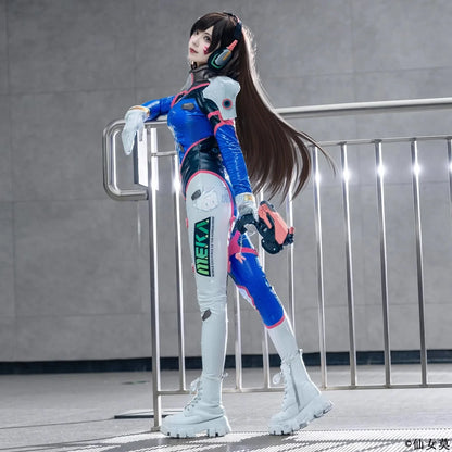 Kostým na cosplay Hana D.Va z hry Overwatch pre ženy – roztomilý elastický kožený overal Zentai na Halloween, karneval a párty