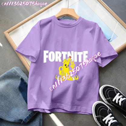 T-shirts Fortnite para Criança com Figuras Anime Estampadas, Tops de Desenho Animado Fortress Night, Roupa de Verão para Meninas, Manga Curta, Pullover Tees