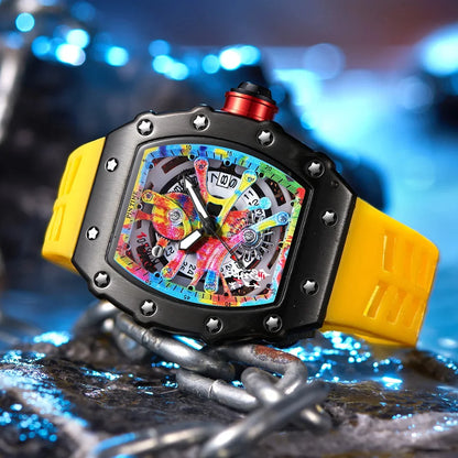 Luxury Watch Men Wrist Watches Tonneau Multifunction Graffiti Dial Auto Date Waterproof Sports Casual Clock Men Quartz Watches