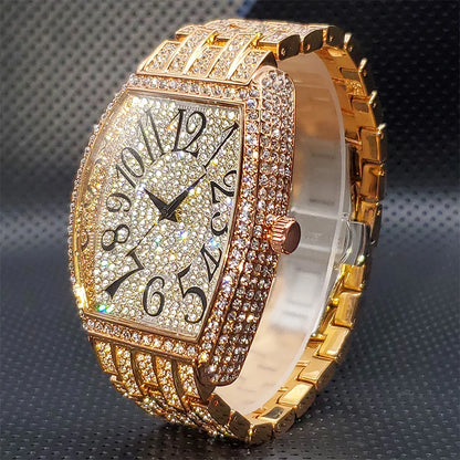 Stainless Steel Men's Watches Luxury Diamond Silver Iced Out Quartz Watch Top Brand 30M Waterproof Big Dial Tonneau Reloj Hombre