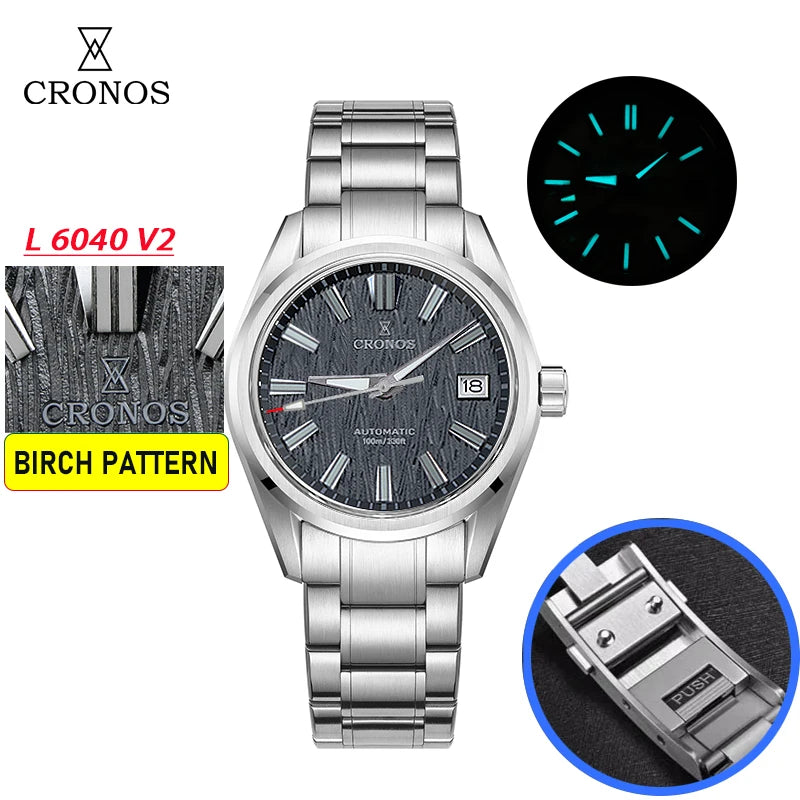Cronos Men Watch 39mm Automatic Miyota 9015 Movement Wristwatches White Dial Birch Pattern Solid Links Sapphire 10 ATM L6040M