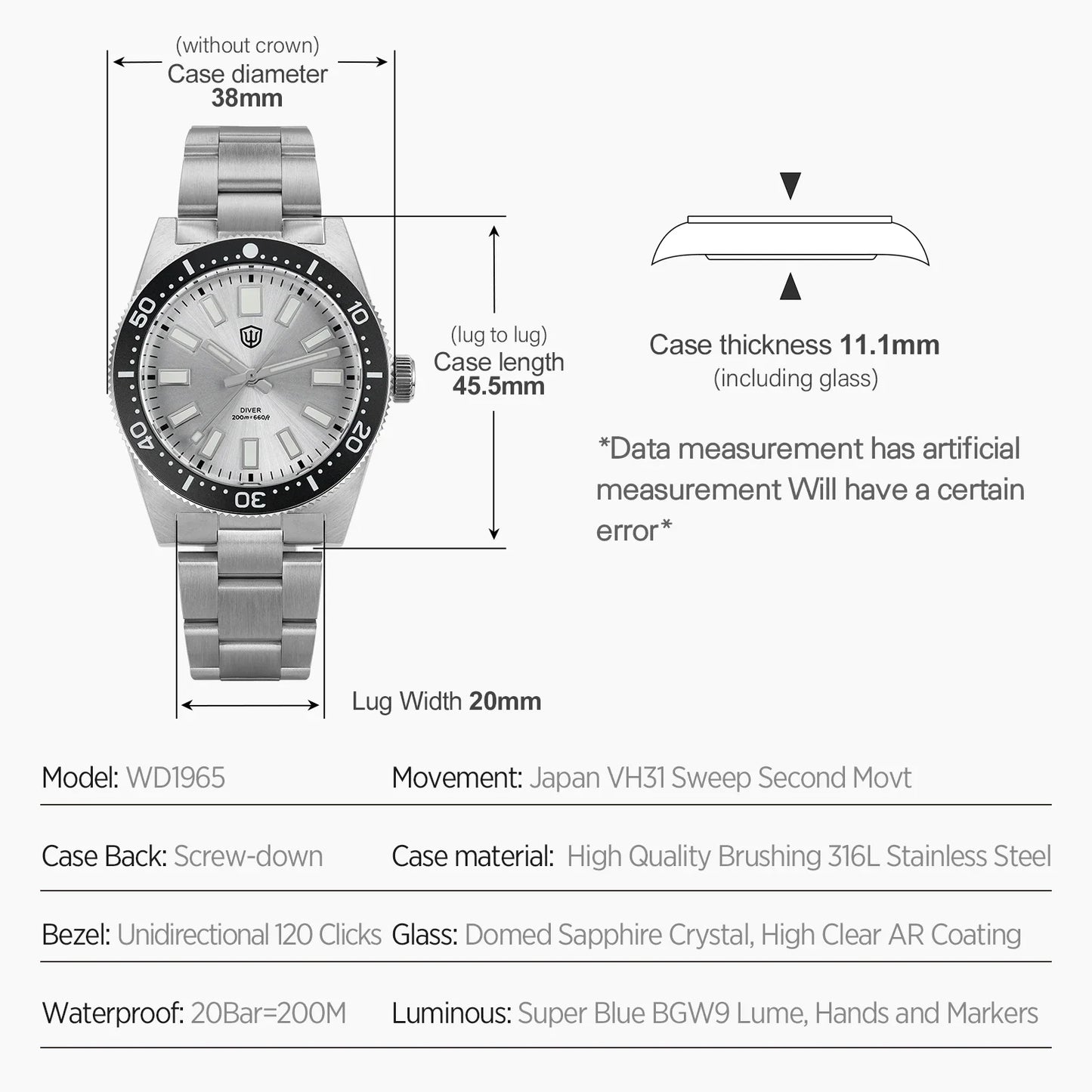 Watchdives WD1965 Luxury Men's Watch VH31 Sweep Second Quartz Movement 38mm Watch Night Light 20Bar Waterproof Watches