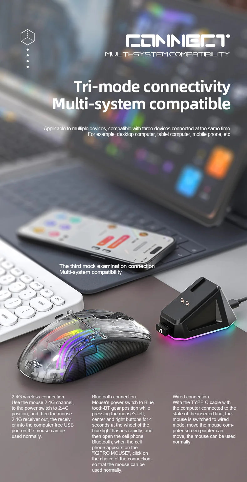 Attack Shark X2PRO Bluetooth Mouse, Tri-Mode, RGB Lights, Magnetic Charging, Transparent, Battery Indicator, Computer Phone
