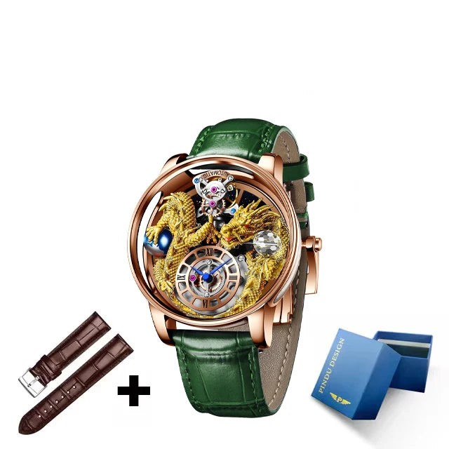 PINDU Fashion Roman Numeral Display Mineral Tempered Glass Material Quartz Movement 3ATM Waterproof Celestial Dragon Men's Watch