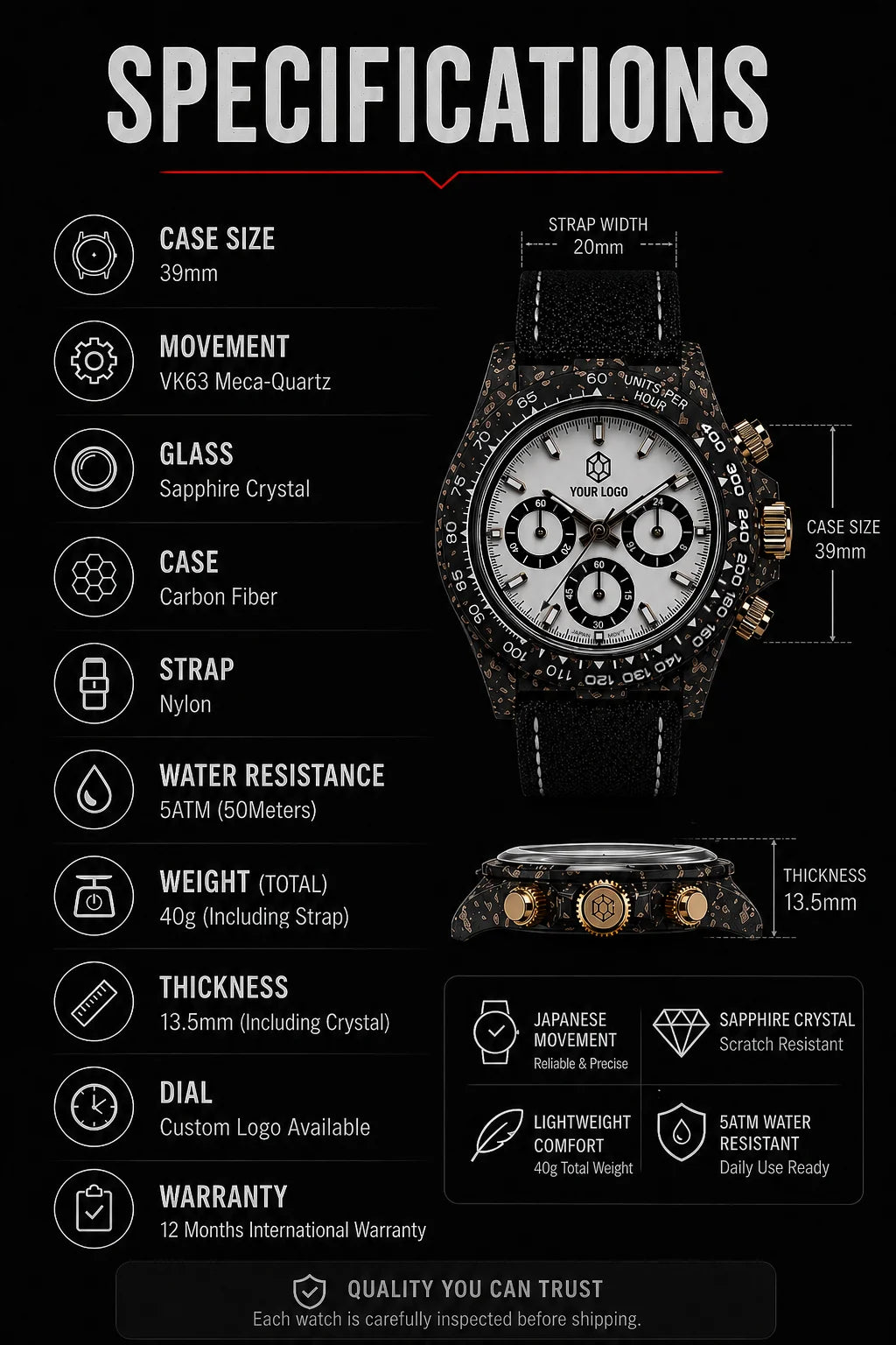 39mm Carbon Fiber Panda Chronograph Watch VK63 Quartz Sapphire Crystal Custom Logo Men's Sports Wristwatch