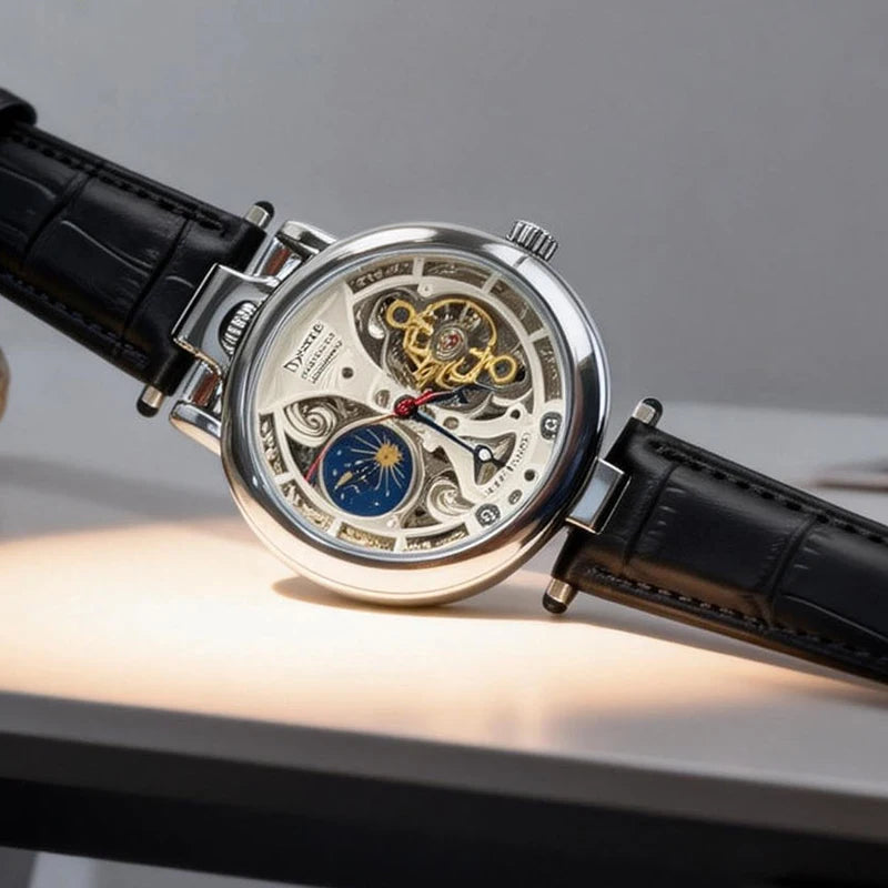  Top Luxury Moon Phase Men's Watches Original Mechanical Leather Men Clock Date Week Hollow Tourbillon Automatic Man Watch