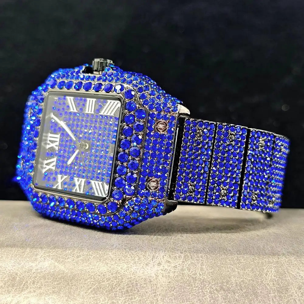 Green Diamond Watch For Men Brand UNIGUET Fashion Roman Literal Quartz Clock Man Hip Hop Iced Jewelry Square Wristwatch 2025 New