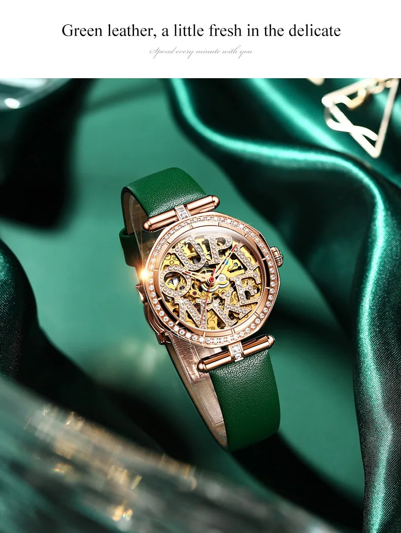 OUPINKE 3175 Women Watches Luxury Elegant Skeleton Automatic Mechanical Watches For Woman 50M Waterproof Bracelet Necklace Set