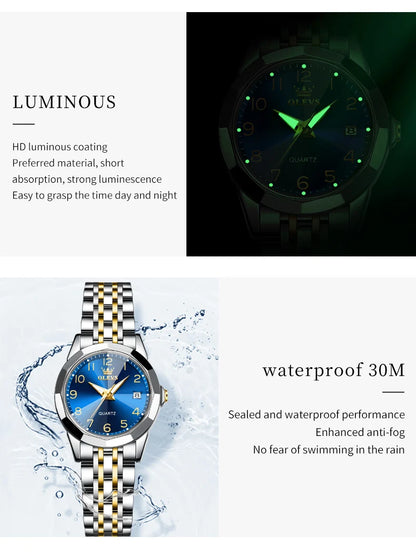 OLEVS 9970 Men Watch Original Brand Waterproof Luminous Quartz Watch Rhombus Mirror Stainless Steel Date-Day-Date Watch With Box