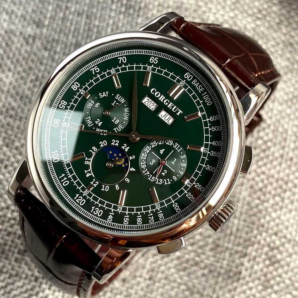 Corgeut Multi Functional Watch Automatic Mechanical Watch for Men 42mm Day Date Month Year Day/Night ST1655 Movt Polished Case