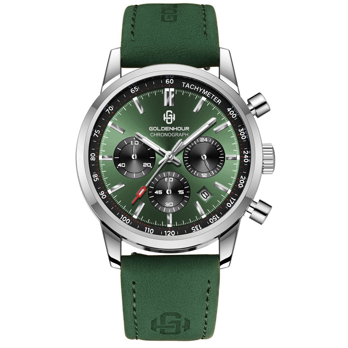 Relógio de luxo para homem GOLDENHOUR – Cronógrafo de quartzo, mostrador verde, bracelete em pele, resistente à água, luminescente, estilo militar e desportivo