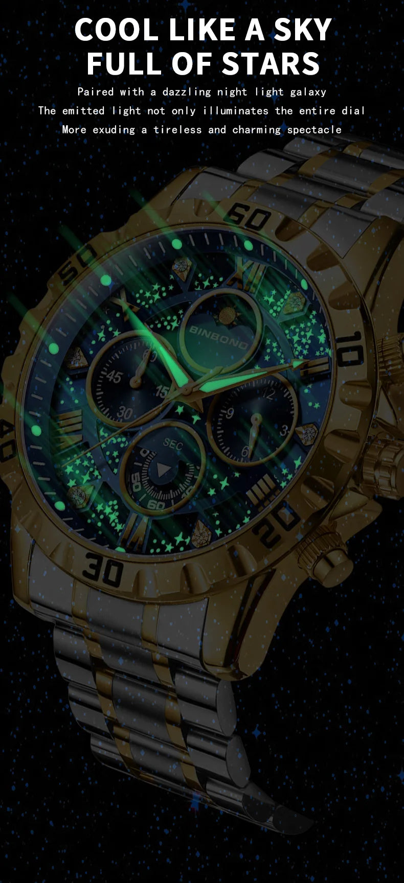 2026 Herrenuhr – leichter Luxus, Business-Stahlarmband, Mondphase, Sternennacht-Design, wasserdicht, modische Quarzuhr für Herren, Geschenk