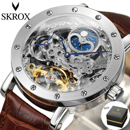 Relógio de pulso mecânico automático SKROX para homem, modelo esqueleto com função GMT, fase lunar e turbilhão – Relógio de luxo de alta gama, elegante e original.