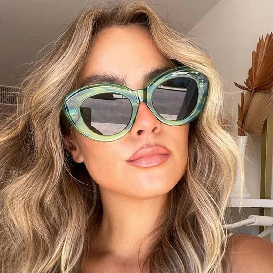JNPCXI Ochelari de soare pentru femei, model „Cat Eye” supradimensionat, la modă, cu dungi verzi, stil retro, protecție UV400; ochelari de soare ovali pentru bărbați, la modă