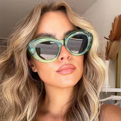 JNPCXI Ochelari de soare pentru femei, model „Cat Eye” supradimensionat, la modă, cu dungi verzi, stil retro, protecție UV400; ochelari de soare ovali pentru bărbați, la modă