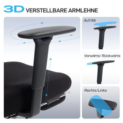 Ergonomic office chair with wheels, mesh fabric, lumbar support, adjustable armrests, and headrest.