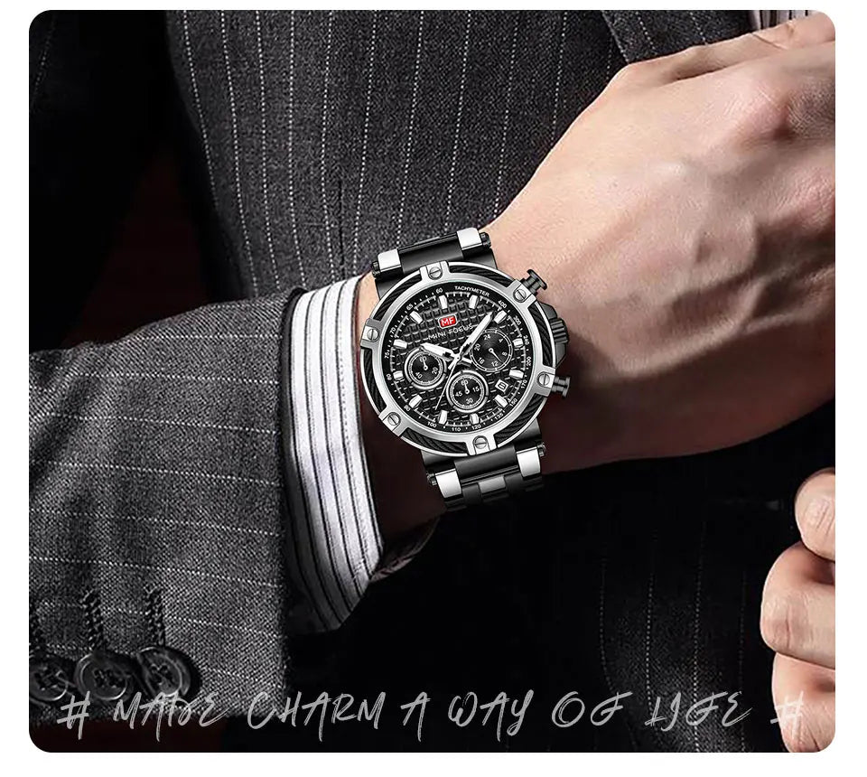 MINI FOCUS Black Stainless Steel Quartz Watch Men Fashion Luminous Dress Wristwatch with Date 24-hour Display Chronograph 0470
