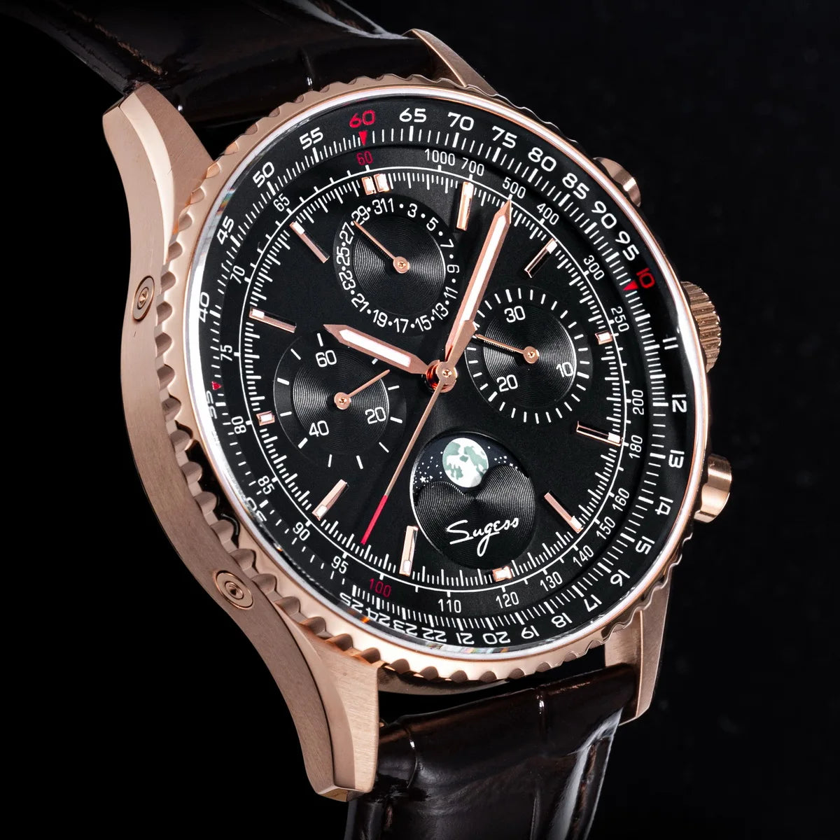 Sugess Chronograph Watch of Man ST1908 Swanneck Movement Mechanical Moonphase Wristwatches Waterproof Calendar Vintage New S468