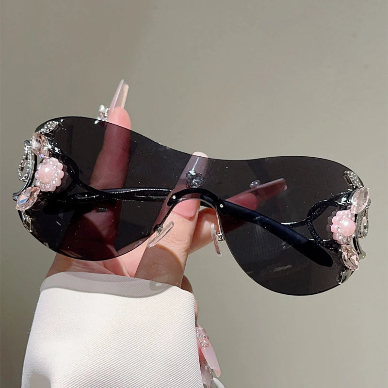 Ochelari de soare KAMMPT fără ramă Y2k cu strasuri, pentru femei, monobloc, pentru activități în aer liber, cu design la modă și lentile cu gradient