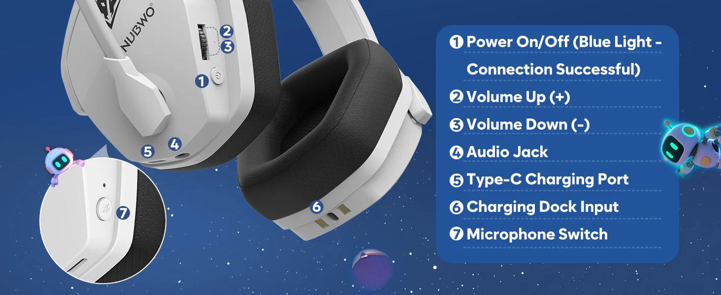 NUBWO G06 Pro Wireless Gaming Headset with Charging Station – Bluetooth 5.3 Gaming Headphones for PS5, PS4 & PC with ENC Microphone and 120-Hour Battery Life