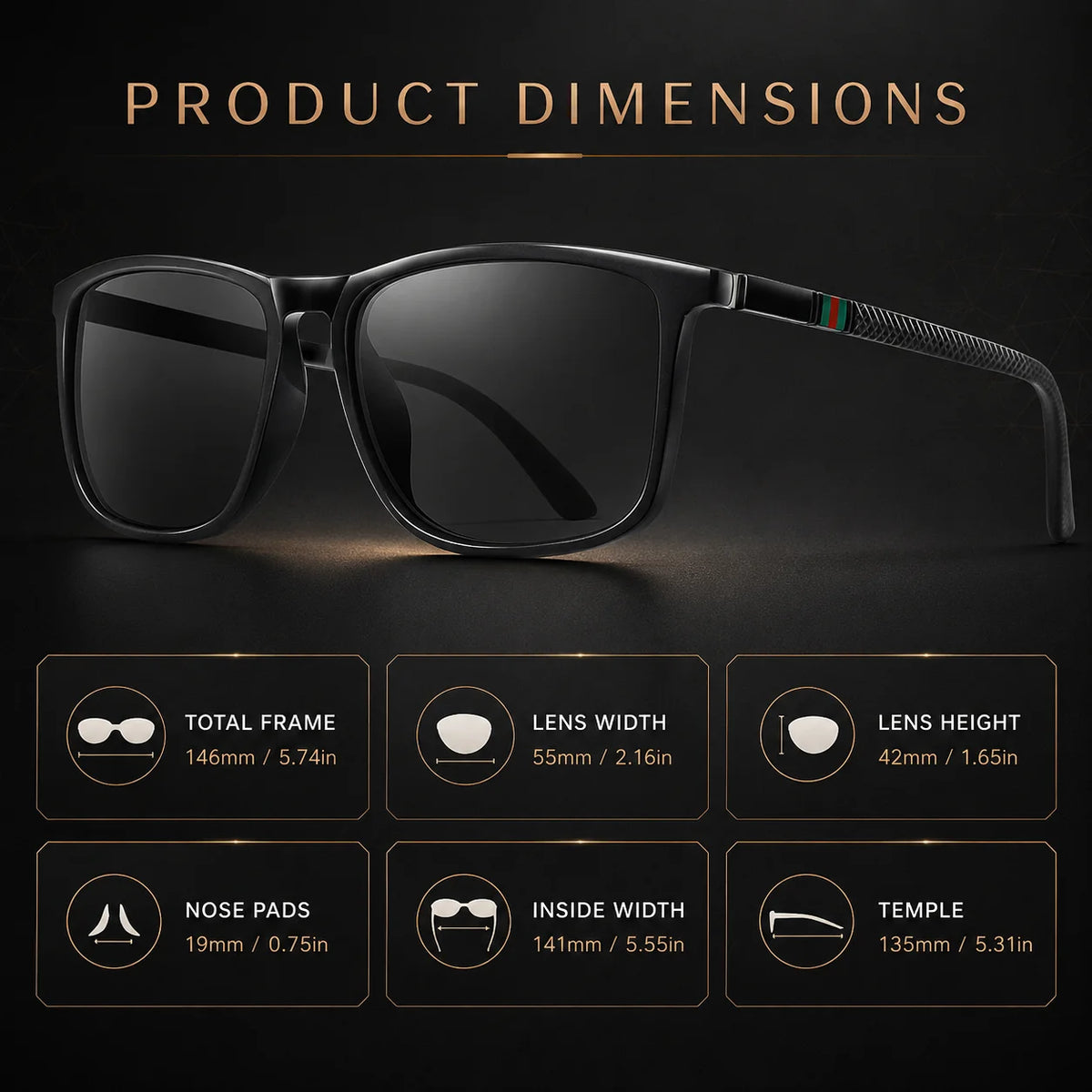 Ochelari de soare polarizați clasici, pătrați, unisex, UV400, ușori, pentru condus, pescuit, activități în aer liber și călătorii
