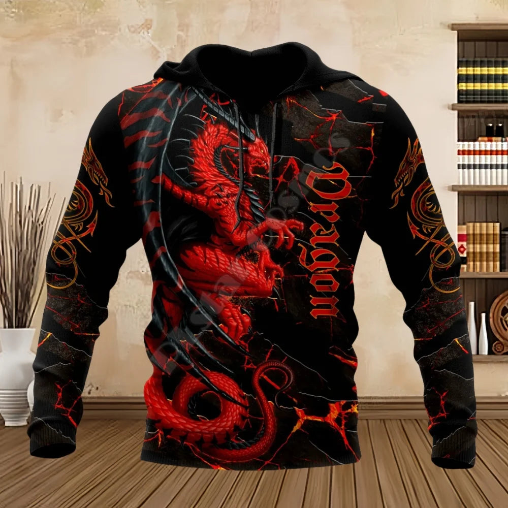 Tatuointilohikäärme-svetarit kevääseen ja syksyyn, 3D-kuviointi, miesten hupulliset pitkähihaiset hupparit, unisex-streetwear, rennot svetarit miehille