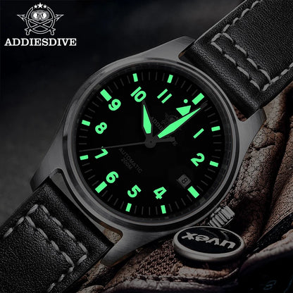 ADDIESDIVE Men's Automatic Mechanical Diving Watch 200m Waterproof C3 Ultra Bright Men's Watch Men's Leather Retro Watch AD2519