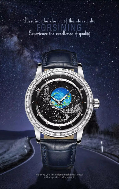FORSINING Luxury Mens Automatic Mechanical Watch,Earth Star Moon Starry Milky Way Rhinestone Dial Leather Strap,3ATM Waterproof