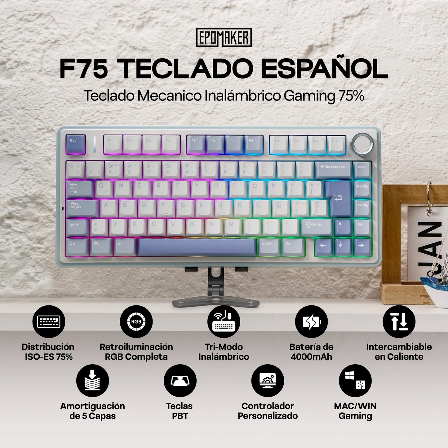 EPOMAKER AULA F75 ISO-ES 75% Spanische QWERTY Hot-Swap, Gasket-Mounted, kabelgebundene/Bluetooth/2.4GHz kabellose mechanische Gaming-Tastatur mit RGB-Hintergrundbeleuchtung