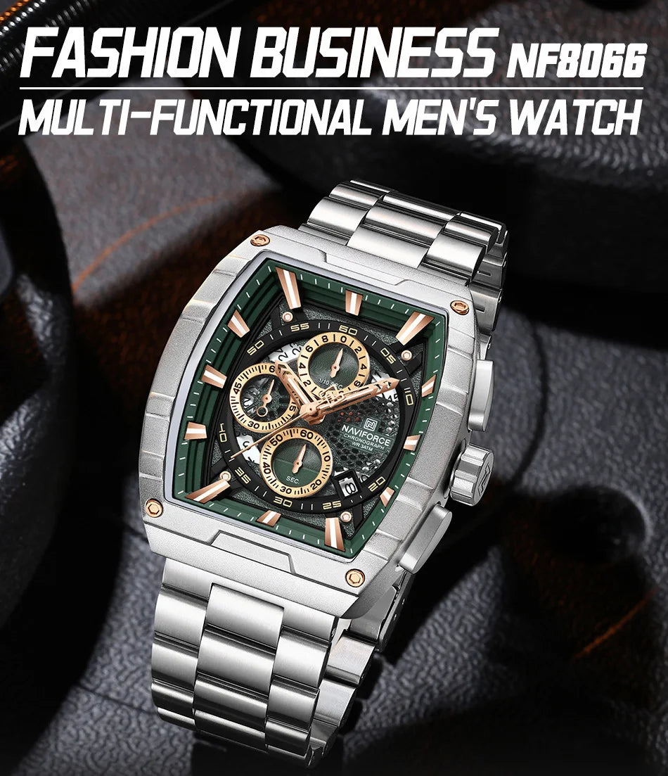 NAVIFORCE Luxury Chronograph Quartz Watch for Men Fashion Tonneau Stainless Steel Man Watches Waterproof Luminous WristWatch