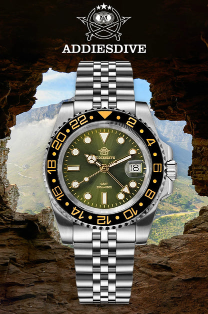 ADDIESDIVE Watch For Men Quartz GMT 20Bar Waterproof BGW9 Super Luminous 316L Stainless Steel Ceramic Bezel Watch